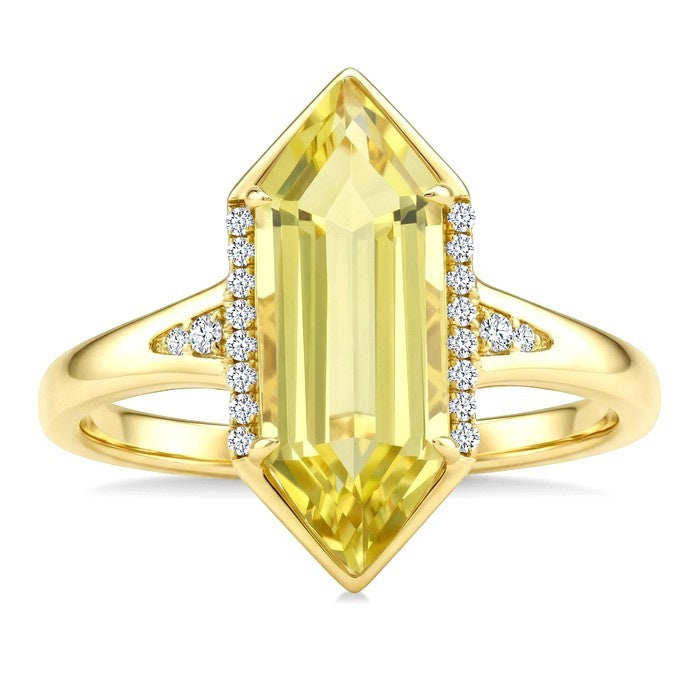 16X6 MM Evoque Gemstones Hexagon Shape Lemon Quartz and 1/10 Ctw Round Cut Diamond Semi-Precious Ring in 10K Yellow Gold