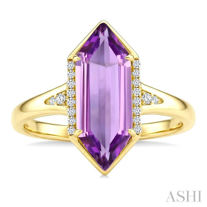 16X6 MM Evoque Gemstones Hexagon Shape Amethyst and 1/10 Ctw Round Cut Diamond Semi-Precious Ring in 10K Yellow Gold