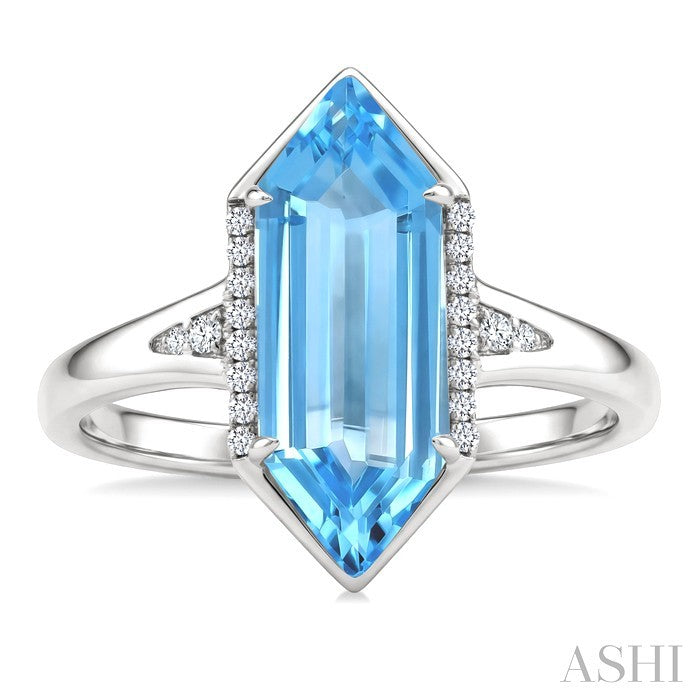 16X6 MM Evoque Gemstones Hexagon Shape Blue Topaz and 1/10 Ctw Round Cut Diamond Semi-Precious Ring in 10K White Gold