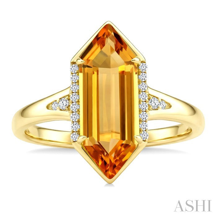 16X6 MM Evoque Gemstone Hexagon Shape Citrine and 1/10 Ctw Round Cut Diamond Semi-Precious Ring in 10K Yellow Gold