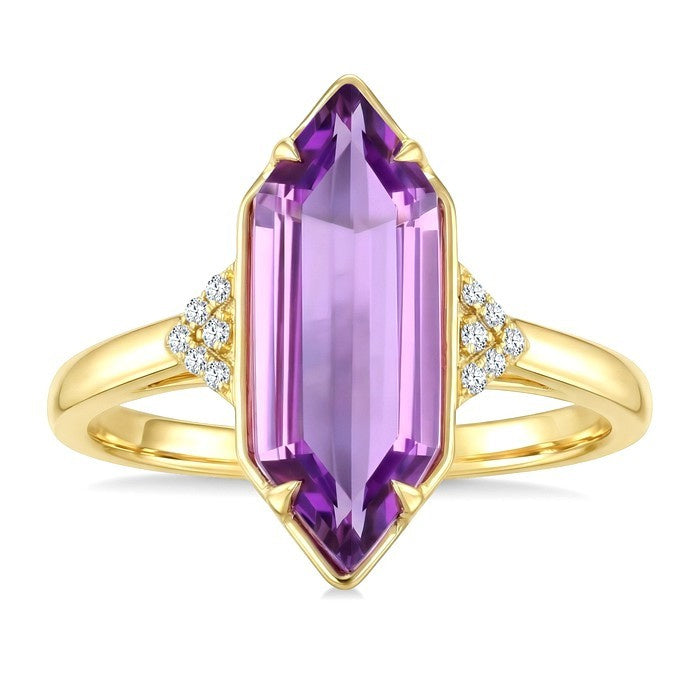 16X6 MM Evoque Gemstones Hexagon Shape Amethyst and 1/20 Ctw Round Cut Diamond Semi-Precious Ring in 10K Yellow Gold