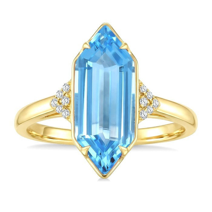 16X6 MM Evoque Gemstones Hexagon Shape Blue Topaz and 1/20 Ctw Round Cut Diamond Semi-Precious Ring in 10K Yellow Gold