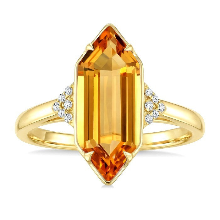 16X6 MM Evoque Gemstone Hexagon Shape Citrine and 1/20 Ctw Round Cut Diamond Semi-Precious Ring in 10K Yellow Gold