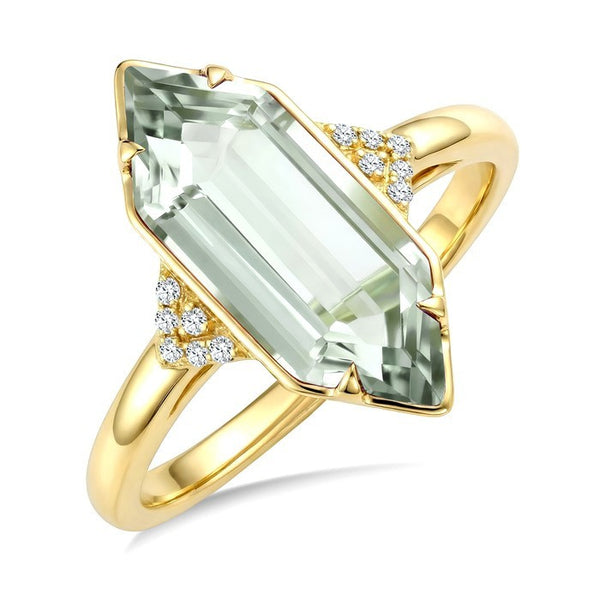 16X6 MM Evoque Gemstone Hexagon Shape Green Amethyst and 1/20 Ctw Round Cut Diamond Semi-Precious Ring in 10K Yellow Gold
