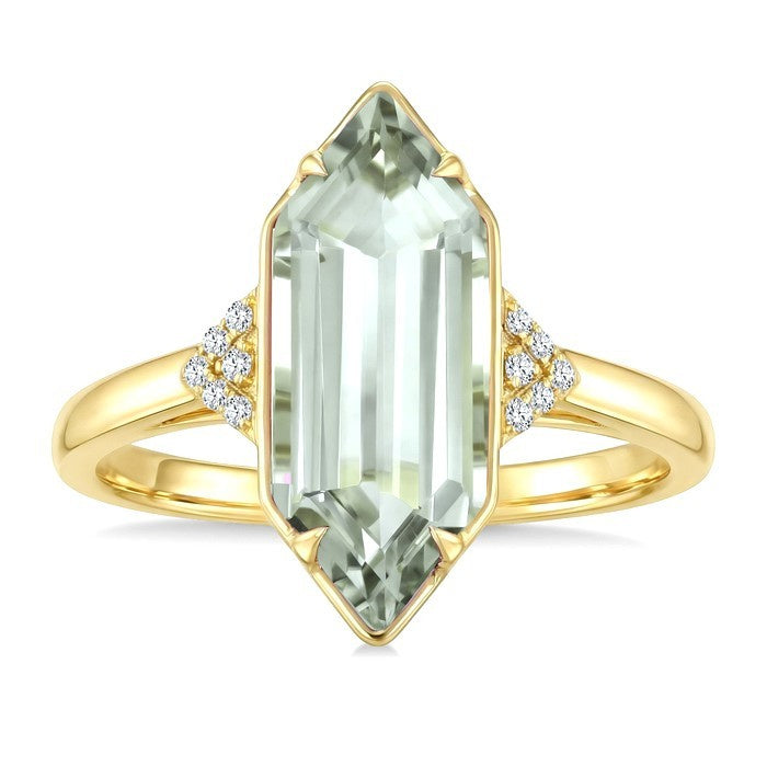 16X6 MM Evoque Gemstone Hexagon Shape Green Amethyst and 1/20 Ctw Round Cut Diamond Semi-Precious Ring in 10K Yellow Gold