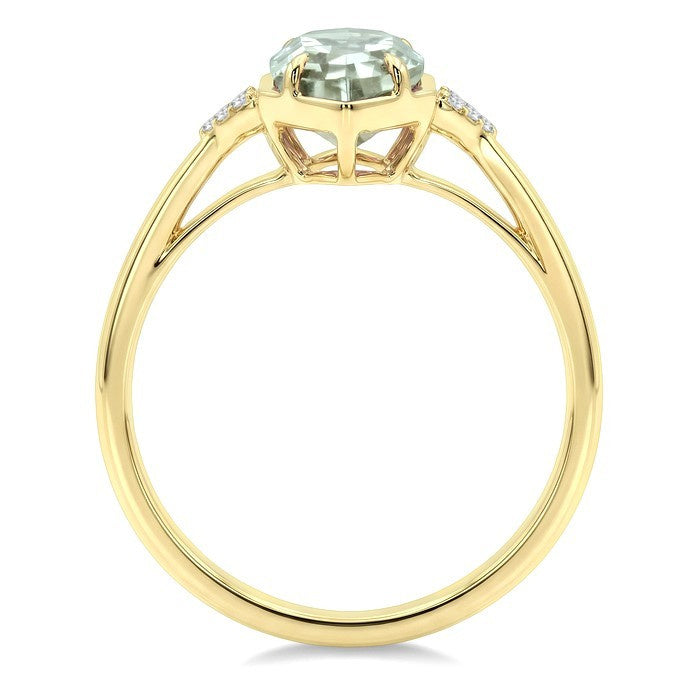 16X6 MM Evoque Gemstone Hexagon Shape Green Amethyst and 1/20 Ctw Round Cut Diamond Semi-Precious Ring in 10K Yellow Gold