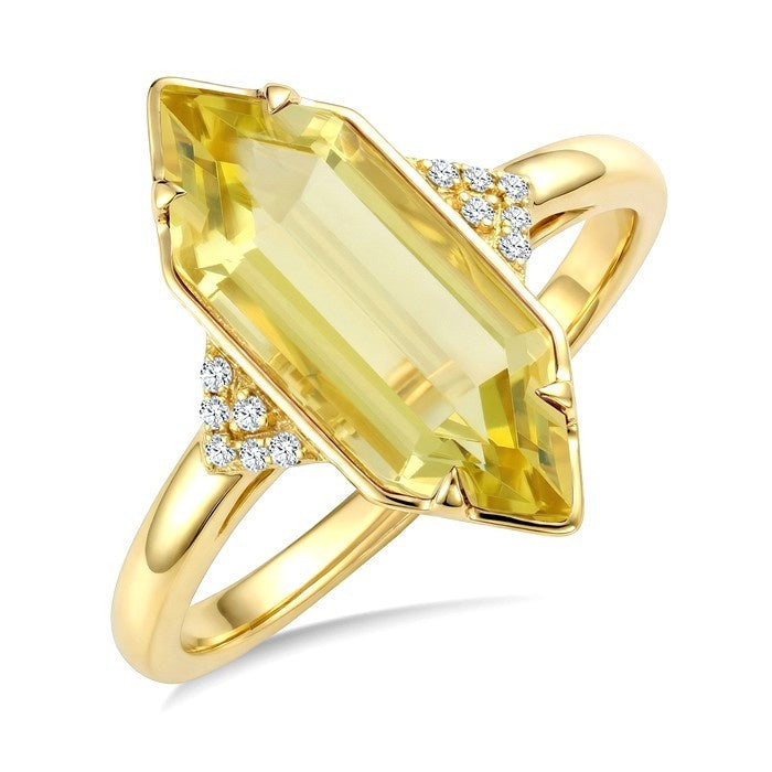 16X6 MM Evoque Gemstones Hexagon Shape Lemon Quartz and 1/20 Ctw Round Cut Diamond Semi-Precious Ring in 10K Yellow Gold
