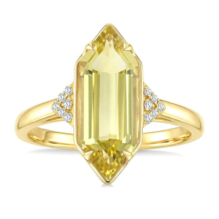 16X6 MM Evoque Gemstones Hexagon Shape Lemon Quartz and 1/20 Ctw Round Cut Diamond Semi-Precious Ring in 10K Yellow Gold