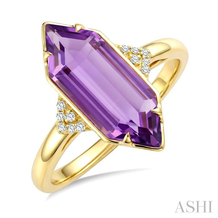 16X6 MM Evoque Gemstones Hexagon Shape Amethyst and 1/20 Ctw Round Cut Diamond Semi-Precious Ring in 10K Yellow Gold