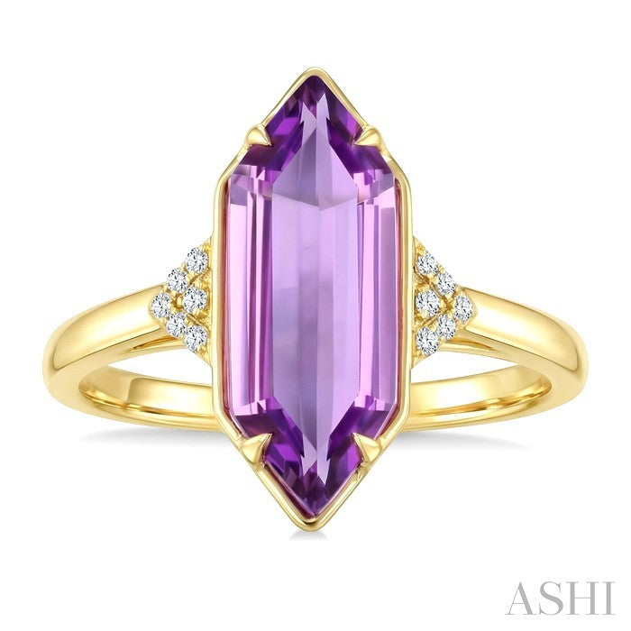 16X6 MM Evoque Gemstones Hexagon Shape Amethyst and 1/20 Ctw Round Cut Diamond Semi-Precious Ring in 10K Yellow Gold