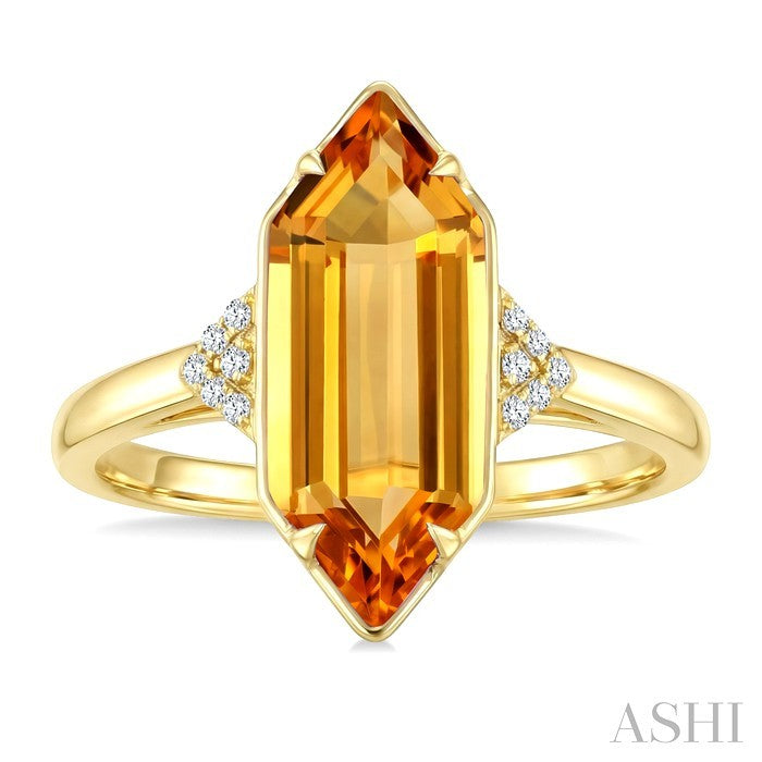 16X6 MM Evoque Gemstone Hexagon Shape Citrine and 1/20 Ctw Round Cut Diamond Semi-Precious Ring in 10K Yellow Gold