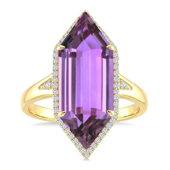 22X8 MM Evoque Gemstones Hexagon Shape Amethyst and 1/4 Ctw Round Cut Diamond Semi-Precious Ring in 14K Yellow Gold