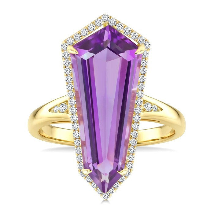 22X9 MM Evoque Gemstones Shield Shape Amethyst and 1/4 Ctw Round Cut Diamond Semi-Precious Ring in 14K Yellow Gold