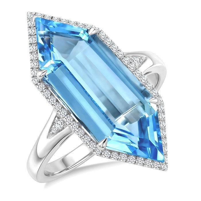 22X8 MM Evoque Gemstones Hexagon Shape Blue Topaz and 1/4 Ctw Round Cut Diamond Semi-Precious Ring in 14K White Gold