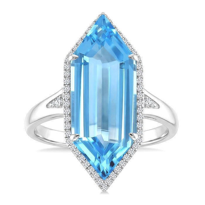 22X8 MM Evoque Gemstones Hexagon Shape Blue Topaz and 1/4 Ctw Round Cut Diamond Semi-Precious Ring in 14K White Gold