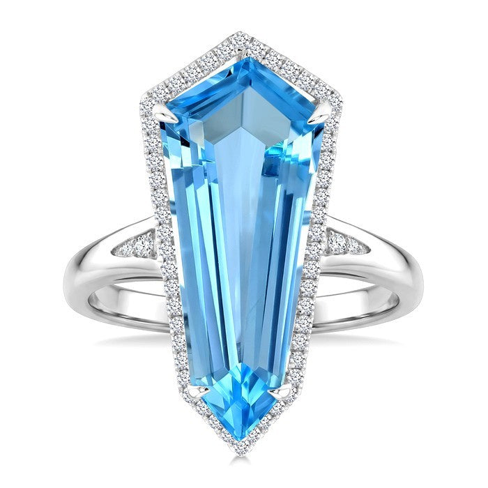 22X9 MM Evoque Gemstones Shield Shape Blue Topaz and 1/4 Ctw Round Cut Diamond Semi-Precious Ring in 14K White Gold
