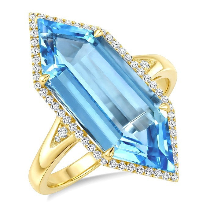 22X8 MM Evoque Gemstones Hexagon Shape Blue Topaz and 1/4 Ctw Round Cut Diamond Semi-Precious Ring in 14K Yellow Gold