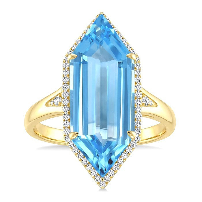 22X8 MM Evoque Gemstones Hexagon Shape Blue Topaz and 1/4 Ctw Round Cut Diamond Semi-Precious Ring in 14K Yellow Gold
