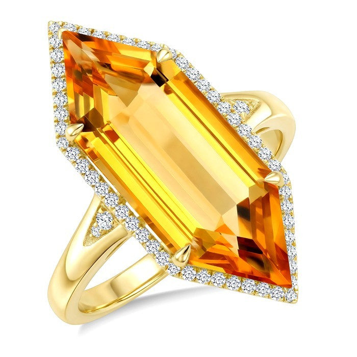 22X8 MM Evoque Gemstone Hexagon Shape Citrine and 1/4 Ctw Round Cut Diamond Semi-Precious Ring in 14K Yellow Gold