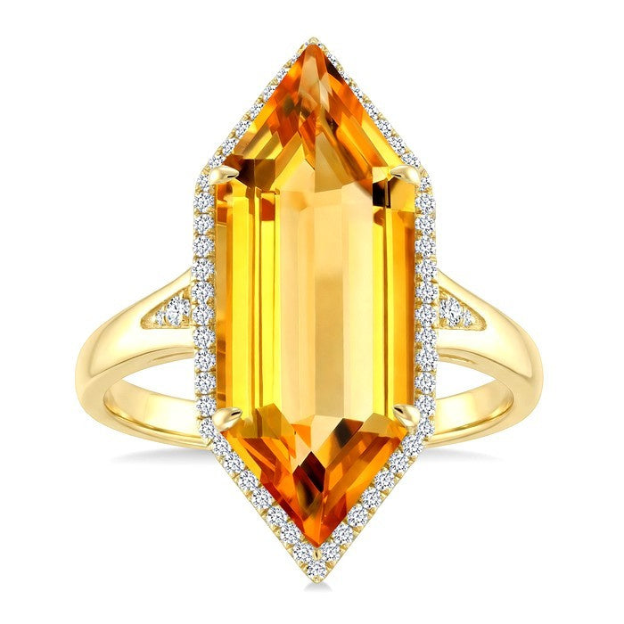 22X8 MM Evoque Gemstone Hexagon Shape Citrine and 1/4 Ctw Round Cut Diamond Semi-Precious Ring in 14K Yellow Gold