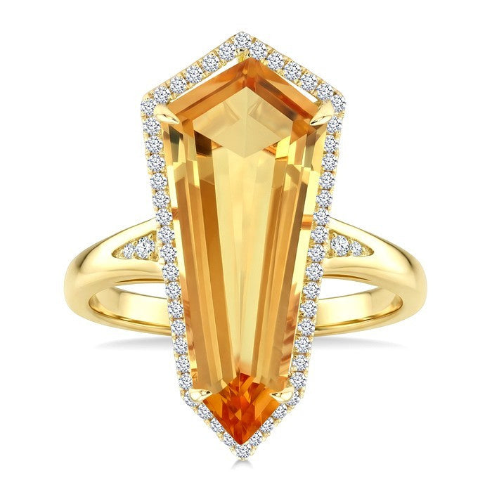 22X9 MM Evoque Gemstone Shield Shape Citrine and 1/4 Ctw Round Cut Diamond Semi-Precious Ring in 14K Yellow Gold