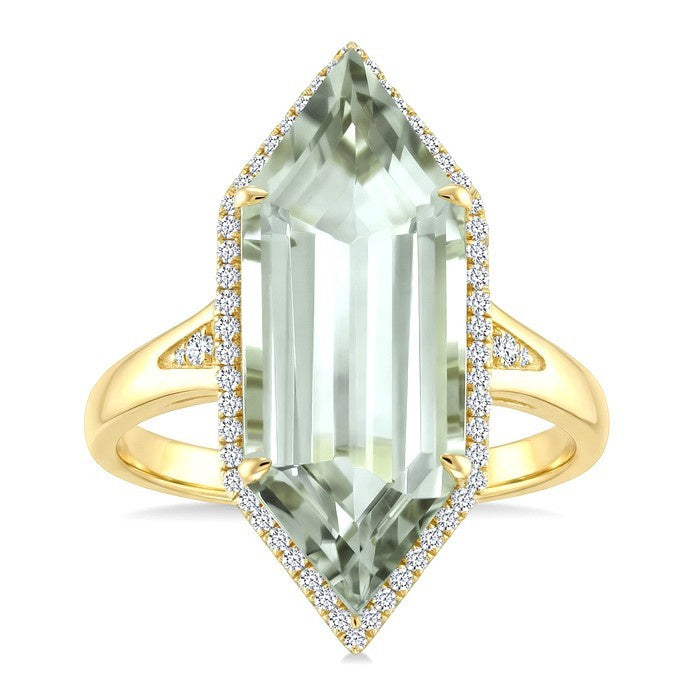 22X8 MM Evoque Gemstone Hexagon Shape Green Amethyst and 1/4 Ctw Round Cut Diamond Semi-Precious Ring in 14K Yellow Gold