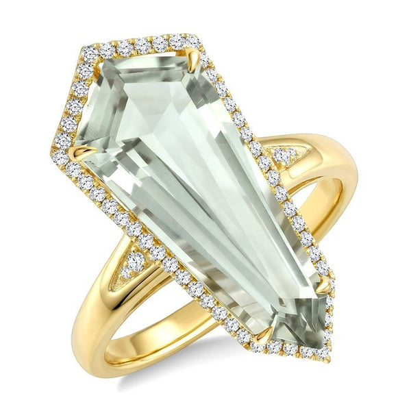 22X9 MM Evoque Gemstone Shield Shape Green Amethyst and 1/4 Ctw Round Cut Diamond Semi-Precious Ring in 14K Yellow Gold