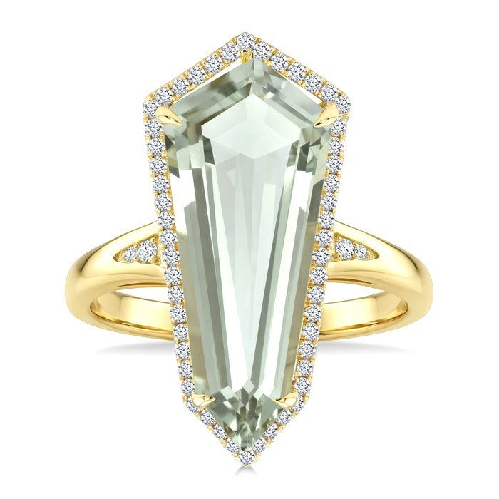 22X9 MM Evoque Gemstone Shield Shape Green Amethyst and 1/4 Ctw Round Cut Diamond Semi-Precious Ring in 14K Yellow Gold