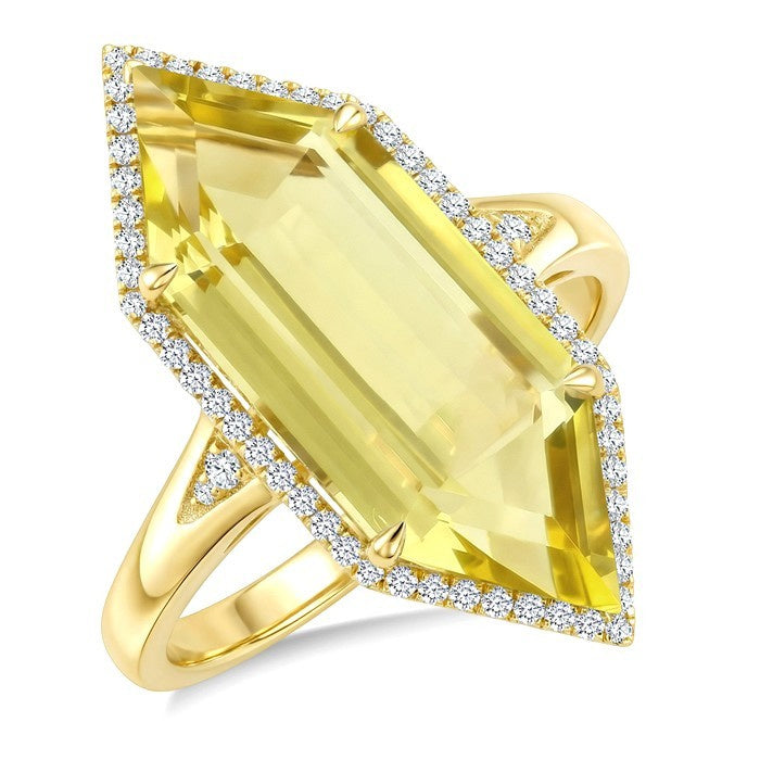 22X8 MM Evoque Gemstones Hexagon Shape Lemon Quartz and 1/4 Ctw Round Cut Diamond Semi-Precious Ring in 14K Yellow Gold