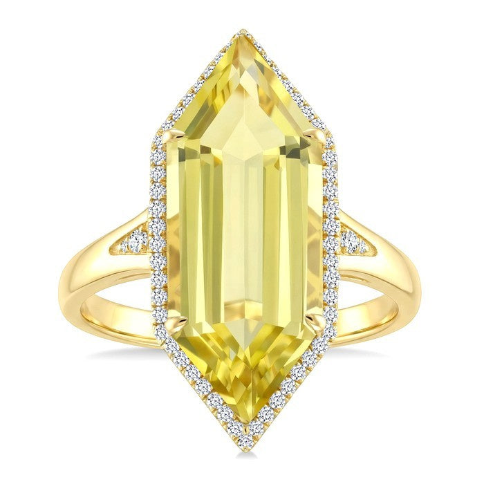 22X8 MM Evoque Gemstones Hexagon Shape Lemon Quartz and 1/4 Ctw Round Cut Diamond Semi-Precious Ring in 14K Yellow Gold