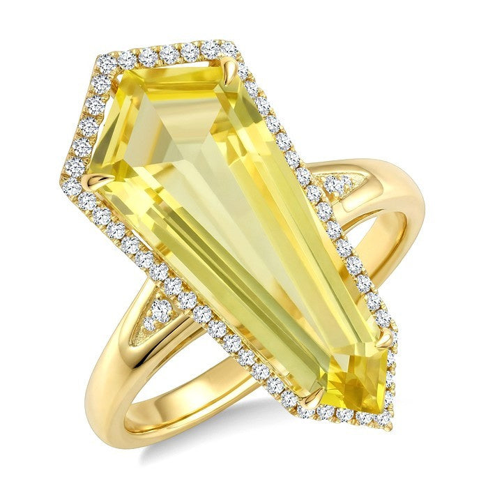 22X9 MM Evoque Gemstones Shield Shape Lemon Quartz and 1/4 Ctw Round Cut Diamond Semi-Precious Ring in 14K Yellow Gold