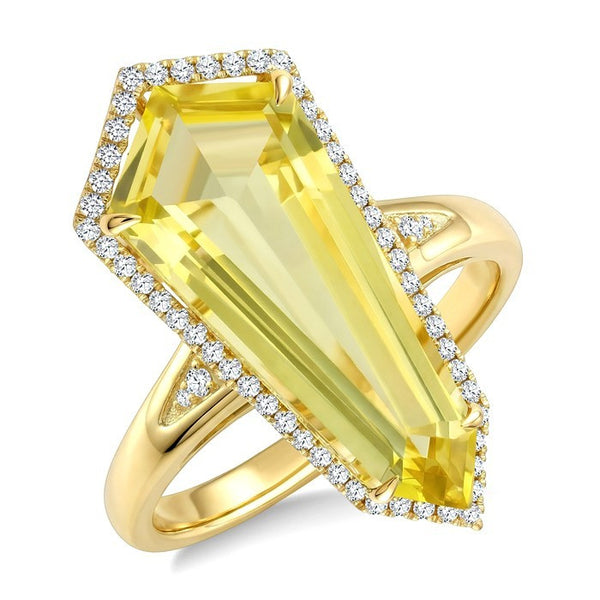 22X9 MM Evoque Gemstones Shield Shape Lemon Quartz and 1/4 Ctw Round Cut Diamond Semi-Precious Ring in 14K Yellow Gold