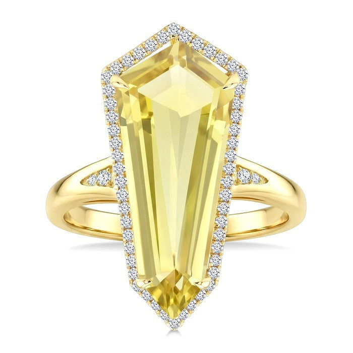 22X9 MM Evoque Gemstones Shield Shape Lemon Quartz and 1/4 Ctw Round Cut Diamond Semi-Precious Ring in 14K Yellow Gold