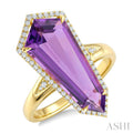 22X9 MM Evoque Gemstones Shield Shape Amethyst and 1/4 Ctw Round Cut Diamond Semi-Precious Ring in 14K Yellow Gold