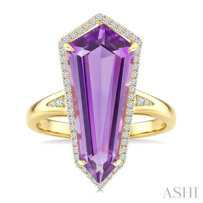 22X9 MM Evoque Gemstones Shield Shape Amethyst and 1/4 Ctw Round Cut Diamond Semi-Precious Ring in 14K Yellow Gold