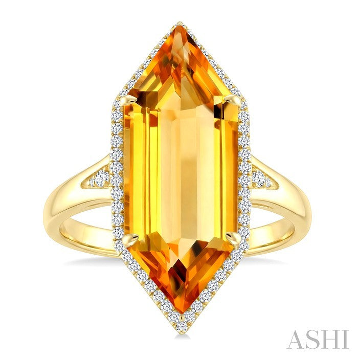 22X8 MM Evoque Gemstone Hexagon Shape Citrine and 1/4 Ctw Round Cut Diamond Semi-Precious Ring in 14K Yellow Gold