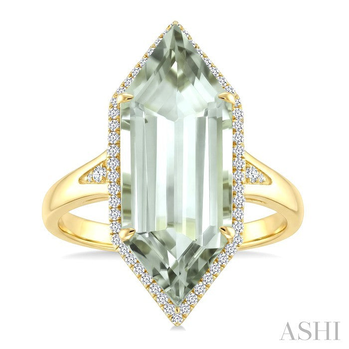 22X8 MM Evoque Gemstone Hexagon Shape Green Amethyst and 1/4 Ctw Round Cut Diamond Semi-Precious Ring in 14K Yellow Gold