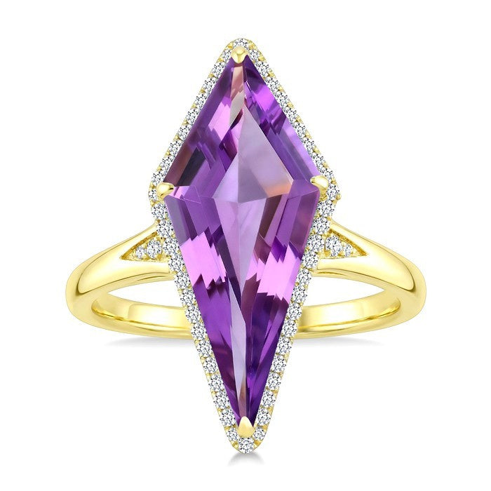 22X9 MM Evoque Gemstones Kite Shape Amethyst and 1/5 Ctw Round Cut Diamond Semi-Precious Ring in 14K Yellow Gold