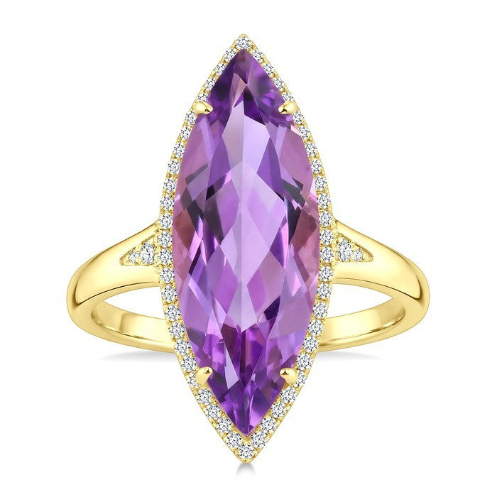 22X8 MM Evoque Gemstones Marquise Shape Amethyst and 1/5 Ctw Round Cut Diamond Semi-Precious Ring in 14K Yellow Gold