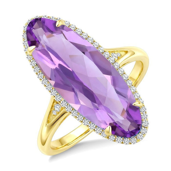 22X8 MM Evoque Gemstones Oval Shape Amethyst and 1/5 Ctw Round Cut Diamond Semi-Precious Ring in 14K Yellow Gold