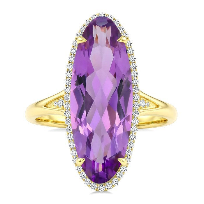 22X8 MM Evoque Gemstones Oval Shape Amethyst and 1/5 Ctw Round Cut Diamond Semi-Precious Ring in 14K Yellow Gold