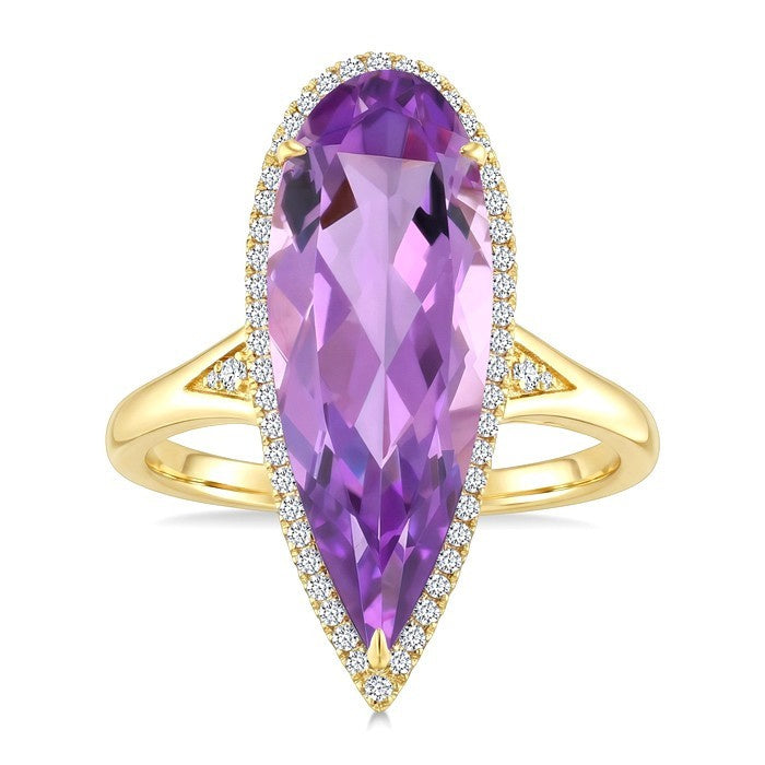 22X8 MM Evoque Gemstones Pear Shape Amethyst and 1/5 Ctw Round Cut Diamond Semi-Precious Ring in 14K Yellow Gold
