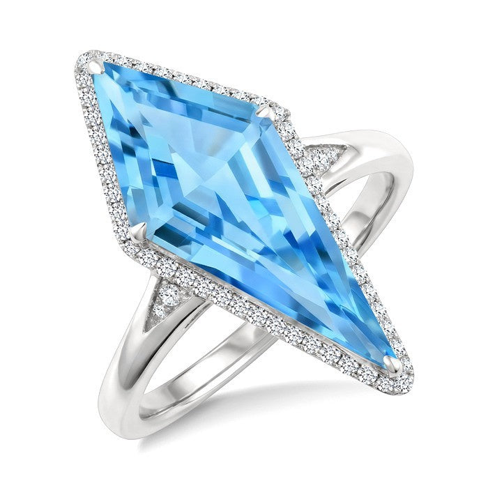 22X9 MM Evoque Gemstones Kite Shape Blue Topaz and 1/5 Ctw Round Cut Diamond Semi-Precious Ring in 14K White Gold