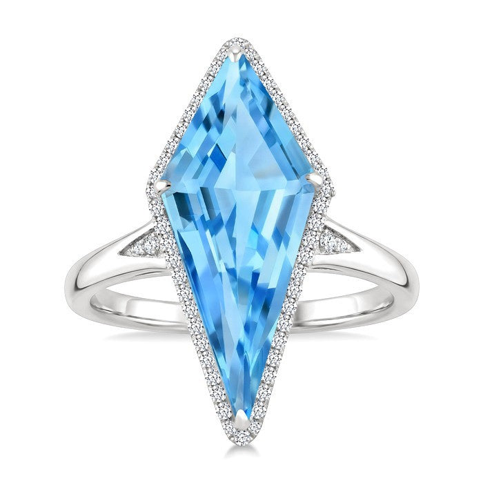 22X9 MM Evoque Gemstones Kite Shape Blue Topaz and 1/5 Ctw Round Cut Diamond Semi-Precious Ring in 14K White Gold