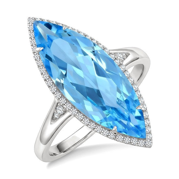 22X8 MM Evoque Gemstones Marquise Shape Blue Topaz and 1/5 Ctw Round Cut Diamond Semi-Precious Ring in 14K White Gold