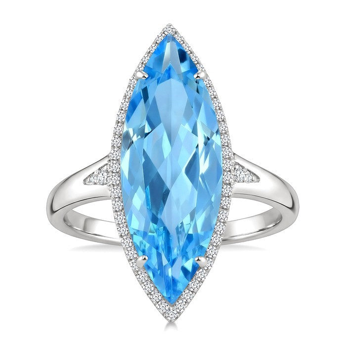 22X8 MM Evoque Gemstones Marquise Shape Blue Topaz and 1/5 Ctw Round Cut Diamond Semi-Precious Ring in 14K White Gold