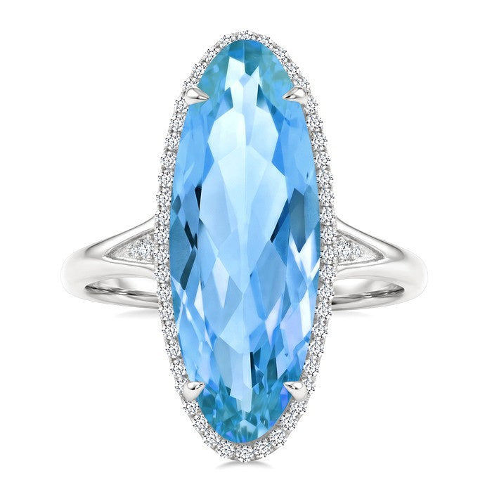 22X8 MM Evoque Gemstones Oval Shape Blue Topaz and 1/5 Ctw Round Cut Diamond Semi-Precious Ring in 14K White Gold