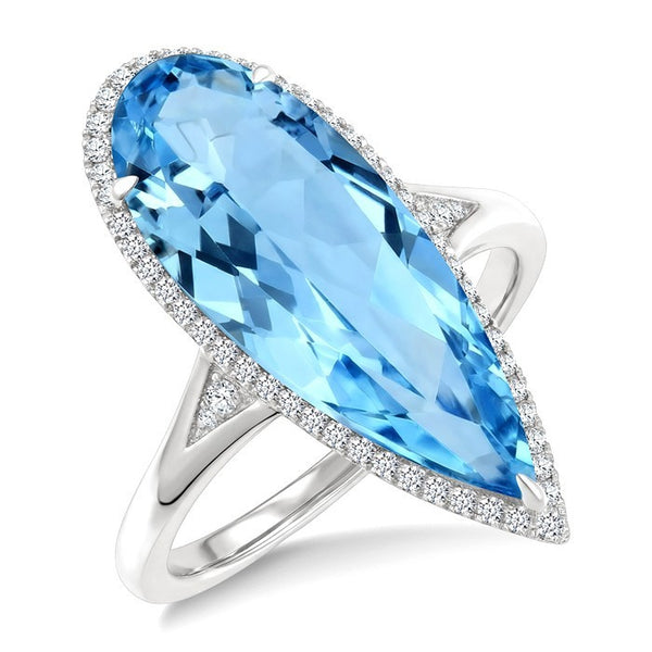 22X8 MM Evoque Gemstones Pear Shape Blue Topaz and 1/5 Ctw Round Cut Diamond Semi-Precious Ring in 14K White Gold