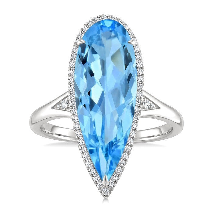 22X8 MM Evoque Gemstones Pear Shape Blue Topaz and 1/5 Ctw Round Cut Diamond Semi-Precious Ring in 14K White Gold