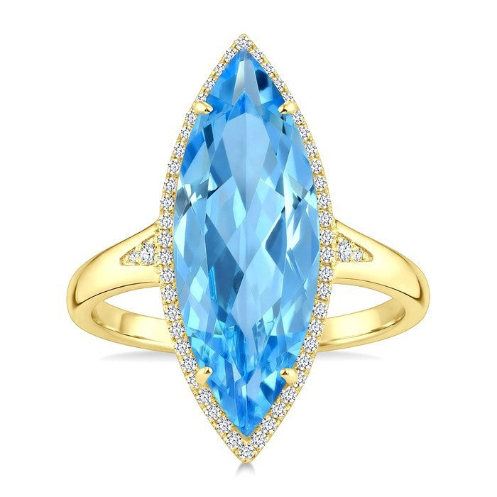 22X8 MM Evoque Gemstones Marquise Shape Blue Topaz and 1/5 Ctw Round Cut Diamond Semi-Precious Ring in 14K Yellow Gold